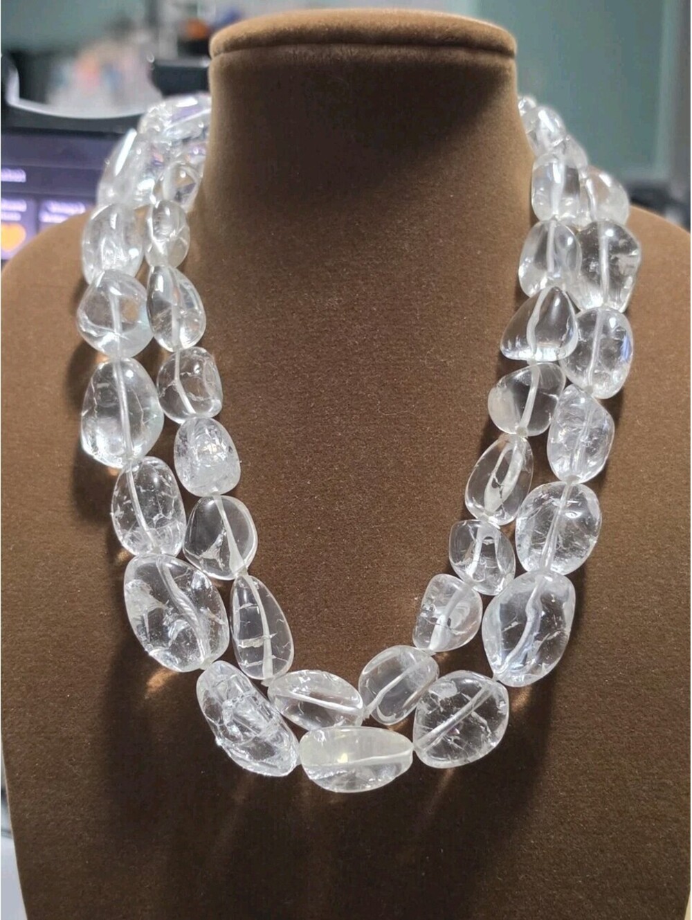 2 Strand Layered Clear Quartz Rock Crystal  Cabochon Choker  Necklace 14-16"